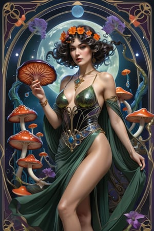 the wraith flower woman, a gorgeous italian priestess, in a sexy pose, from the side shot, perfect short wavy hair, she is holding an intricate poison vial, she is surrounded by incredible alien fungi, Yoshitaka Amano style, fantasy art nouveau tarot card style, (best quality,4k,8k,highres,masterpiece:1.2),ultra-detailed,(realistic,photorealistic,photo-realistic:1.37),dramatic lighting,vibrant colors,stunning details