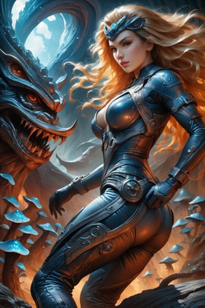 a female tokusatsu heroine, viewed from the side, full body shot, low angle shot, bottom-up perspective, action shot, blonde bombshell, wearing a hightec suit, she is fighting a kaiju, she is surrounded by incredible alien fungi, inspired by Ultraman, Yoshitaka Amano style, fantasy art nouveau style, (best quality,4k,8k,highres,masterpiece:1.2),ultra-detailed,(realistic,photorealistic,photo-realistic:1.37),dramatic lighting,vibrant colors,stunning details, tokusatsu style, Samus Aran