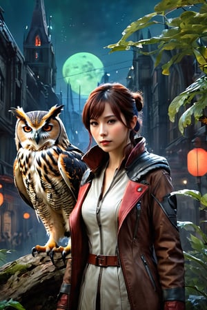 best quality,4k,8k,highres,masterpiece:1.2,ultra-detailed,realistic:1.37,HDR,UHD,studio lighting,ultra-fine painting,sharp focus,physically-based rendering,(Yoshitaka Amano style:1.1), A nordic woman and her guardian familiar, mystical creature,otherworldly creature,kaiju-like,enchanting companions,wearing stylish futuristic clothes,inspired by Phantasy Star Online,action shot,dynamic poses, (The woman, with her eyes brightly colored, no makeup and her nordic facial features elegantly detailed, adding to her allure. Dressed in elegant casual clothes with a stylish futuristic jacket.), (She is accompanied by a guardian, a eagle owl and panther mixed creature with exquisite anatomical features resembling a cosmic horror. The creature's presence adds a sense of wonder and magic to the scene.), (The woman and her companion stand in a dark and gothic city, a modern metropolis with surreal plants, and vibrant signs. The colors are vibrant, with a mixture of dark browns, olive, and pale reds creating a dreamlike atmosphere.), (The lighting is soft but illuminating, casting a gentle glow on both the woman and the creature.), (The overall composition has a realistic and photorealistic quality, capturing the essence of the scene in intricate detail.), (The art style is inspired by Yoshitaka Amano, known for his ethereal and otherworldly illustrations. The combination of realistic elements with the artist's unique style creates a captivating and visually stunning image.),Greg Rutkowski,JenniferloveHewitt