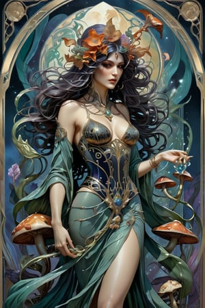 the wraith flower woman, a gorgeous italian priestess, in a sexy pose, from the side shot, perfect short wavy hair, she is holding an intricate poison vial, she is surrounded by incredible alien fungi, Yoshitaka Amano style, fantasy art nouveau tarot card style, (best quality,4k,8k,highres,masterpiece:1.2),ultra-detailed,(realistic,photorealistic,photo-realistic:1.37),dramatic lighting,vibrant colors,stunning details