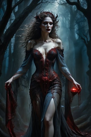 hyper realistic, 8k, award winning digital art, dark fantasy, dramatic lighting, full body shot, from the back, facing away, wide angle, back view, deep shadows, a vampiric goddess, extremely detailed skin, perfect wavy hair, (A vampire goddess, she is using her supernatural powers to psychically manipulate blood, making the blood float around her), hemokinesis, (there are lots of blood strings floating around the environment, flowing towards the vampire goddess's hand), she is wearing a very intricate organic exoskeleton, (the goddess's lower body is vanishing, becoming black mist), the scene unfolds in a dark forest dimly illuminated by a red glow, pale blue and olive hues, mystical energy, dramatic lighting, chiaroscuro, moody atmosphere, cinematic composition, Yoshitaka Amano style,greg rutkowski