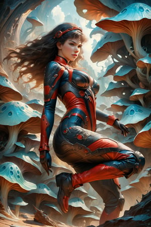 a female tokusatsu heroine, viewed from the side, full body shot, low angle shot, bottom-up perspective, action shot, wearing a hightec suit, she is accompanied by a kaiju, she is surrounded by incredible alien fungi, inspired by Gatchaman, Yoshitaka Amano style, fantasy art nouveau style, (best quality,4k,8k,highres,masterpiece:1.2),ultra-detailed,(realistic,photorealistic,photo-realistic:1.37),dramatic lighting,vibrant colors, stunning details, tokusatsu style