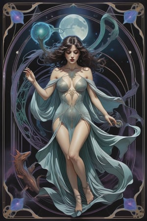 the ghostly wraith woman, a gorgeous italian priestess, in a sexy pose, from the side shot, perfect short wavy hair, she is emerging in the scene crawling from within an interdimensional portal on the ground, she is surrounded by incredible lovecraftian cosmic horrors, Yoshitaka Amano style, fantasy art nouveau tarot card style, (best quality,4k,8k,highres,masterpiece:1.2),ultra-detailed,(realistic,photorealistic,photo-realistic:1.37),dramatic lighting,vibrant colors,stunning details