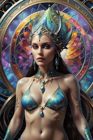 the illusion, a beautiful alien female, a master of illusions, from the side, she is in a kaleidoscopic environment, in an alternate fractal dimension, making hypnotic hand gestures, Hans Ruedi Giger bio-mechanical style, fantasy art nouveau tarot card style, (best quality,4k,8k,highres,masterpiece:1.2),ultra-detailed,(realistic,photorealistic,photo-realistic:1.37),dramatic lighting,vibrant colors,stunning details,g1h3r,fr4z3tt4 