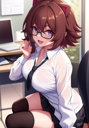 1girl, background office, open_mouth, smile, masterpiece, looking_at_viewer, full_body, detailed eyes, detailed hand, best quality, high detail eyes, rakkunvt, brown_hair, short_hair, shirt white, secretary, skirt pencil black, glasses, black_kneehighs, catears, sexy