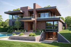 Modern style, public building, interior furniture, exterior house, contemporary style, (red clay brick) wall, granite floor, glass window, (realistic:1.2), Masterpiece, high quality, best quality, finish white paint , garden trees, water pool, grass garden base, (lighting interior:1.2), day light blue sky, UHD 8K,rowhouse,brickhouse,Enhance,modernvilla