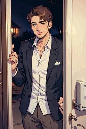 an image, at night, where we see a man
the man has short brown hair, shaved, smile, wearing a white shirt and a light gray blazer. , he wait front the close door, knoc-knoc, see behind
