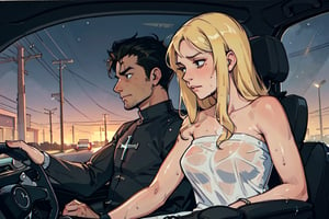 an image, at night, where we see a man and a woman through the windshield, the man has black hair and is driving, he wears a white shirt. The woman is blonde and has wet hair, she wears a white wet dress wet strapless and sleeveless, she is sad, she feels cold and crosses her arms