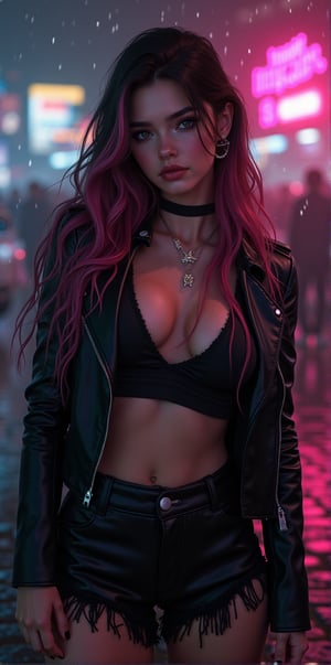 best quality, masterpiece, (photorealistic:1.4),r ealistic, photorealistic,
 1girl, solo,18 years old, beautiful, makeup, elegant, neckless, earing,
majestic flowing hair,  long hair, looking at the viewer, Realistic full photo, full body, Black and pink haired woman with ((pink highlights)), long hair,  
wearing a black Top, leather jacket and a leather clothes and smoking a vap, high boots, 
looking at view, happy, discret simile,

nigthclub, rain, 
