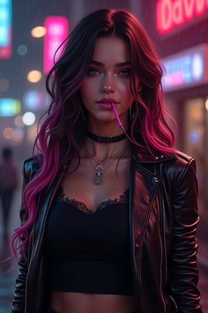 best quality, masterpiece, (photorealistic:1.4),r ealistic, photorealistic,
 1girl, solo,18 years old, beautiful, makeup, elegant, neckless, earing,
majestic flowing hair,  long hair, looking at the viewer, Realistic full photo, full body, Black and pink haired woman with ((pink highlights)), long hair,  
wearing a black Top, leather jacket and a leather clothes and smoking a vap, high boots, 
looking at view, happy, discret simile,

nigthclub, rain, 
