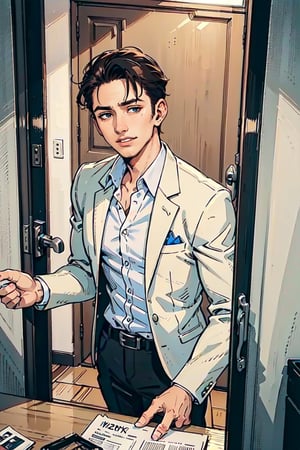 an image, at night, where we see a man
the man has short brown hair, shaved, smile, wearing a white shirt and a light gray blazer. , he wait front the close door, knoc-knoc, see behind
