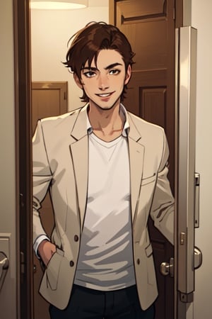 an image, at night, where we see a man
the man has short brown hair, shaved, smile, wearing a white shirt and a light gray blazer. , he wait front the close door, knoc-knoc, see behind
