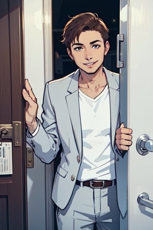 an image, at night, where we see a man
the man has short brown hair, shaved, smile, wearing a white shirt and a light gray blazer. , he wait front the close door, knoc-knoc, see behind
