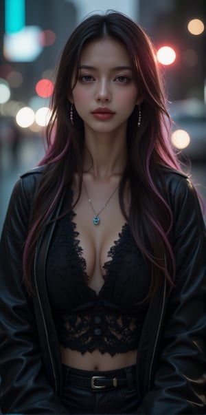 best quality, masterpiece, (photorealistic:1.4),r ealistic, photorealistic,
 1girl, solo,18 years old, beautiful, green eyes, makeup, elegant, neckless, earing,
majestic flowing hair,  long hair, looking at the viewer, Realistic full photo, full body, Black and pink haired woman with ((pink highlights)), long hair,  
wearing a black Top, leather jacket and a leather clothes and smoking a vap, high boots, 
looking at view, serius face , discret simile,

nigthclub, street, rain, Midjourney_Whisper, idol himari,