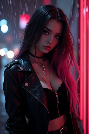 best quality, masterpiece, (photorealistic:1.4), 1girl, majestic flowing hair, rain, 1girl, solo, long hair, looking at the viewer,  Realistic full photo, full body, Black and pink haired woman with pink highlights, long hair, 18 years old, beautiful, makeup, elegant, neckless, earing, wearing a black Top, leather jacket and a leather clothes and smoking a vap, nigthclub, photorealistic,