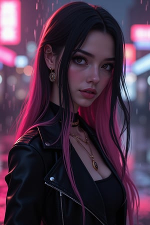 best quality, masterpiece, (photorealistic:1.4), 1girl, majestic flowing hair, rain, 1girl, solo, long hair, looking at the viewer, Realistic full photo, full body, Black and pink haired woman with ((pink highlights)), long hair, 18 years old, beautiful, makeup, elegant, neckless, earing, wearing a black Top, leather jacket and a leather clothes and smoking a vap, nigthclub, photorealistic,
,FuturEvoLabNinja,preidental suite