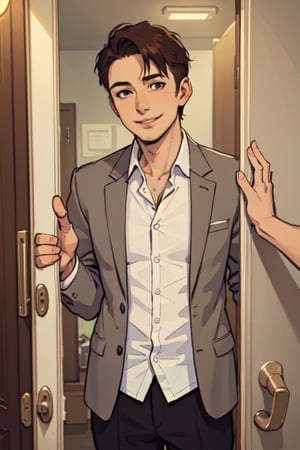 an image, at night, where we see a man
the man has short brown hair, shaved, smile, wearing a white shirt and a light gray blazer. , he wait front the close door, knoc-knoc, see behind
