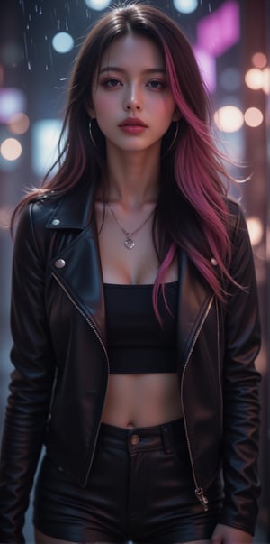 best quality, masterpiece, (photorealistic:1.4),r ealistic, photorealistic,
 1girl, solo,18 years old, beautiful, makeup, elegant, neckless, earing,
majestic flowing hair,  long hair, looking at the viewer, Realistic full photo, full body, Black and pink haired woman with ((pink highlights)), long hair,  
wearing a black Top, leather jacket and a leather clothes and smoking a vap, high boots, 
looking at view, happy, discret simile,

nigthclub, rain,Midjourney_Whisper, idol himari,