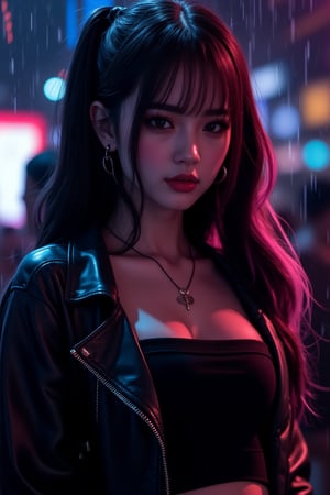 best quality, masterpiece, (photorealistic:1.4), 1girl, majestic flowing hair, rain, 1girl, solo, long hair, looking at the viewer, Realistic full photo, full body, Black and pink haired woman with ((pink highlights)), long hair, 18 years old, beautiful, makeup, elegant, neckless, earing, wearing a black Top, leather jacket and a leather clothes and smoking a vap, nigthclub, photorealistic,
,FuturEvoLabNinja