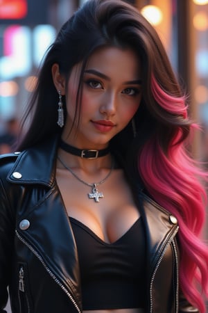 best quality, masterpiece, (photorealistic:1.4), 1girl, majestic flowing hair, rain, 1girl, solo, long hair, looking at the viewer,  Realistic full photo, full body, Black and pink haired woman with ((pink highlights)), long hair, 18 years old, beautiful, makeup, elegant, neckless, earing, wearing a black Top, leather jacket and a leather clothes and smoking a vap, nigthclub, photorealistic,
Ralistic