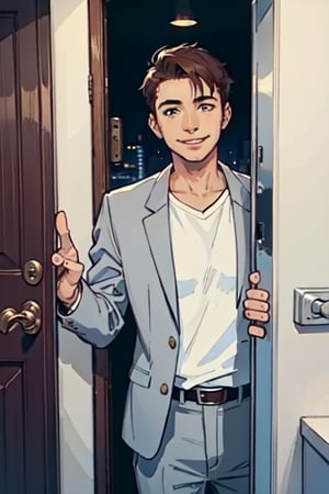 an image, at night, where we see a man
the man has short brown hair, shaved, smile, wearing a white shirt and a light gray blazer. , he wait front the close door, knoc-knoc, see behind
