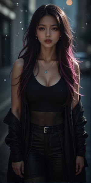 best quality, masterpiece, (photorealistic:1.4),r ealistic, photorealistic,
 1girl, solo,18 years old, beautiful, green eyes, makeup, elegant, neckless, earing,
majestic flowing hair,  long hair, looking at the viewer, Realistic full photo, full body, Black and pink haired woman with ((pink highlights)), long hair,  
wearing a black Top, leather jacket and a leather clothes and smoking a vap, high boots, 
looking at view, serius face , discret simile,

nigthclub, rain,Midjourney_Whisper, idol himari,