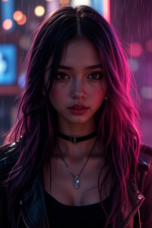 best quality, masterpiece, (photorealistic:1.4), 1girl, majestic flowing hair, rain, 1girl, solo, long hair, looking at the viewer, Realistic full photo, full body, Black and pink haired woman with ((pink highlights)), long hair, 18 years old, beautiful, makeup, elegant, neckless, earing, wearing a black Top, leather jacket and a leather clothes and smoking a vap, nigthclub, photorealistic,
,FuturEvoLabNinja