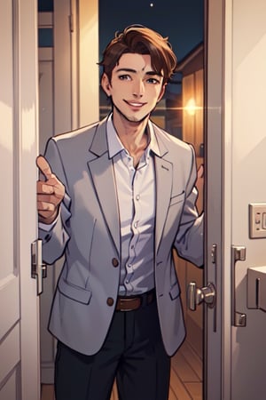 an image, at night, where we see a man
the man has short brown hair, shaved, smile, wearing a white shirt and a light gray blazer. , he wait front the close door, knoc-knoc, see behind
