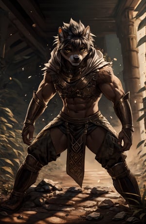 Best quality, Masterpiece, Ultra High Resolution, (Fidelity:1.2), (Realistic:1.3), 1dogman, green eyes, black hair flaps, portrait, solo, upper body, looking at viewer, detailed background, detailed face, ancient Egyptian theme, feral jungle warrior, pink tribal clothing, obsidian, defensive stance, stone knife, bushes, poisonous plants, rocks,  humid climate, darkness, cinematic atmosphere,
dark chamber, dim light (zentangle, mandala, tangle, entangle), (golden and green tone:0.5)
(35mmstyle:1.1), front, masterpiece, 1970s film, cinematic lighting, photo-realistic, high frequency details, 35mm film, (film grain), film noise,Shiny_skin,egyptian,full body , muscular