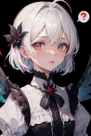 //quality, masterpiece:1.4, detailed:1.4, best quality:1.4,//,1girl,solo,//,(white  hair),short hair,ahoge,sidelocks,red eyes,//,hair_flowers,  (bee_wings),black gothic_lolita,//,blush,expressionless,:o,mouth_open,looking_at_viewer,//,(spoken_question_mark),?,??,question_mark,question_mark_\(symbols),//,red background,simple_background,upper_body,close up portrait,stickers,outline ,Deformed,sticker,chibi, chibi style,