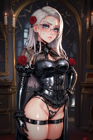 score_9,score_8_up,score_7_up,ClrSkt 1girl, solo, long black gloves, glasses, (((white hair))), (((middle aged woman))), catholic, emo, tears, elbow gloves, embarrassed, long gloves, hearts, long hair, solo, 2.5D, (masterpiece, best quality, ultra-detailed), (perfect hands, perfect anatomy), Highly detailed, High Quality, Masterpiece, beautiful, (((red roses))), red skin, High detailed, detailed eyes, huge body, enamel latex elbow gloves, latex clothes, latex thighhighboots,cleavage, latex elbow gloves, big_dominant, serious, stern, latex corset. High resolution, extremely detailed, atmospheric scene, masterpiece, best quality, 64k, high quality, (HDR), HQ , very detailed, beautiful and aesthetic, heavy makeup, earrings, (masterpiece, best quality, high resolution, ultra detail), ((skindentation)), bare shoulders, soft skin, perfectly explained gloved hands, perfectly explained arms, ClrSkt,Eyes,

BY ALT GOTH.