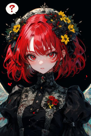 //quality, masterpiece:1.4, detailed:1.4, best quality:1.4,//,1girl,solo,//,(red hair),short hair, sidelocks,red eyes,//,hair_flowers,(bee_wings),black gothic_lolita,//,blush,expressionless,:o,mouth_open,looking_at_viewer,//,(spoken_question_mark),?,??,question_mark,question_mark_\(symbols),//,red background,simple_background,upper_body,close up portrait,stickers,outline ,Deformed,sticker,chibi, chibi style,
