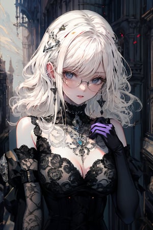 score_9,score_8_up,score_7_up,ClrSkt 1girl, solo, long black gloves, glasses, (((white hair))), red skin, catholic, emo, tears, elbow gloves, embarrassed, long gloves, hearts, long hair, solo, 2.5D, clean artwork, detailed illustration, colorful, 1girl, solo, long black gloves, glasses, (((white hair))), (((middle aged woman))), catholic, emo, tears, elbow gloves, embarrassed, long gloves, Her dress merges the ornate elegance of Rococo with futuristic cyber elements. The fabric is a mix of rich silks and metallic materials, adorned with elaborate lace and digital patterns that glow subtly. The bodice is detailed with delicate ruffles and cybernetic embellishments, while the skirt flares out in layers enamel latex elbow gloves, latex clothes, latex thighhighboots,cleavage, latex elbow gloves, big_dominant, serious, stern, latex corset. High resolution, extremely detailed, atmospheric scene, masterpiece, best quality, 64k, high quality, (HDR), HQ , very detailed, beautiful and aesthetic, heavy makeup, earrings, (masterpiece, best quality, high resolution, ultra detail), bare shoulders, soft skin, perfectly explained gloved hands, perfectly explained arms,