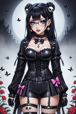 1girl, Catholicpunk aesthetic art, cute goth girl in a fusion of Japanese-inspired Gothic punk fashion, glasses, skulls, goth. black gloves, tight corset, black tie, incorporating traditional Japanese motifs and punk-inspired details,Emphasize the unique synthesis of styles, flowers, butterflies, score_9, score_8_up ,heavy makeup, earrings, Lolita Fashion Clothes, kawaii, hearts ,emo, kawaiitech, dollskill,c0l0urc0r3,goth girl