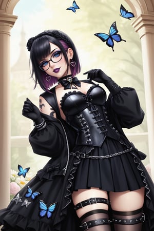 1girl, Catholicpunk aesthetic art, cute goth girl in a fusion of Japanese-inspired Gothic punk fashion, glasses, skulls, goth. black gloves, tight corset, black tie, incorporating traditional Japanese motifs and punk-inspired details,Emphasize the unique synthesis of styles, flowers, butterflies, score_9, score_8_up ,heavy makeup, earrings, Lolita Fashion Clothes, kawaii, hearts ,emo, kawaiitech, dollskill,c0l0urc0r3,goth girl