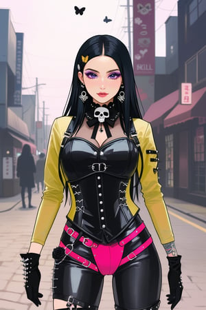 1girl, Catholicpunk aesthetic art, cute goth girl in a fusion of Japanese-inspired Gothic punk fashion, glasses, skulls, goth. black gloves, tight corset, black tie, harness, punk, rave, incorporating traditional Japanese motifs and punk-inspired details,Emphasize the unique synthesis of styles, flowers, butterflies, score_9, score_8_up ,heavy makeup, earrings, Lolita Fashion Clothes, kawaii, hearts ,emo, kawaiitech, dollskill,c0l0urc0r3,goth gir