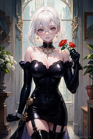 score_9,score_8_up,score_7_up,ClrSkt 1girl, solo, long black gloves, glasses, (((white hair))), red skin, catholic, emo, tears, elbow gloves, embarrassed, long gloves, hearts, long hair, solo, 2.5D, clean artwork, detailed illustration, colorful, 1girl, solo, long black gloves, glasses, (((white hair))), (((middle aged woman))), catholic, emo, tears, elbow gloves, embarrassed, long gloves, Her dress merges the ornate elegance of Rococo with futuristic cyber elements. The fabric is a mix of rich silks and metallic materials, adorned with elaborate lace and digital patterns that glow subtly. The bodice is detailed with delicate ruffles and cybernetic embellishments, while the skirt flares out in layers enamel latex elbow gloves, latex clothes, latex thighhighboots,cleavage, latex elbow gloves, big_dominant, serious, stern, latex corset. High resolution, extremely detailed, atmospheric scene, masterpiece, best quality, 64k, high quality, (HDR), HQ , very detailed, beautiful and aesthetic, heavy makeup, earrings, (masterpiece, best quality, high resolution, ultra detail), bare shoulders, soft skin, perfectly explained gloved hands, perfectly explained arms,