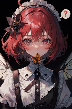 //quality, masterpiece:1.4, detailed:1.4, best quality:1.4,//,1girl,solo,//,(black hair),short hair,ahoge,sidelocks,red eyes,//,hair_flowers,(bee_wings),black gothic_lolita,//,blush,expressionless,:o,mouth_open,looking_at_viewer,//,(spoken_question_mark),?,??,question_mark,question_mark_\(symbols),//,red background,simple_background,upper_body,close up portrait,stickers,outline ,Deformed,sticker,chibi, chibi style,