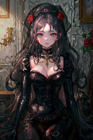 Imagine this. Upscaled. (Masterpiece, best quality, high resolution, highly detailed), score_9,score_8_up,score_7_up, 1girl, solo, long black gloves, glasses, (((white hair))), catholic, emo, tears, elbow gloves, embarrassed, long gloves, hearts, long hair, solo, 2.5D, clean artwork, detailed illustration, colorful, 1girl, 22 years old, long hair, straight hair, cute, round trim glasses, nose blush, slim eyes, pretty, seductive, attractive, alluring, mouth closed, beautiful nerdy, flirty, feminine, soft make up, vibrant, adorable, eyelashes, slender, high quality, masterpiece, solo focus, realistic, round chin, narrow face, big lips, (masterpiece, best quality, ultra-detailed), (perfect hands, perfect anatomy), Highly detailed, High Quality, Masterpiece, beautiful, (((red roses))), High detailed, detailed eyes, huge body, enamel latex elbow gloves, latex clothes, latex thighhighboots,cleavage, latex elbow gloves, big_dominant, serious, stern, latex corset. High resolution, extremely detailed, atmospheric scene, masterpiece, best quality, 64k, high quality, (HDR), HQ , very detailed, beautiful and aesthetic, heavy makeup, earrings, (masterpiece, best quality, high resolution, ultra detail), ((skindentation)), bare shoulders, soft skin, perfectly explained gloved hands, perfectly explained arms, Indoors detailed background, perfect lighting. (Hands:1.1), better_hands, best quality, high resolution. Upscaled synthography. Far view shot, smiling, Sexy mistress watching to the camera. FETISH: smile, smirk, looking at the viewer, sexy pose, lascivious, flirty face, blushing, lust, choker, cross necklace, shiny clothes, long enamel gloves, long leather gloves, heavy duty rubber gloves, leather corset, leather body harness, latex bodysuit, lingerie garter belt, thigh high boots, platform heels, breastfeeding chest, gigantic breasts, huge breasts Detailed dungeon environment, rocks and stones, ornate walls. (Beautiful and aesthetic:1.3), extreme detailed, colorful, highest detailed,((ultra-detailed)), (highly detailed illustration), ((an extremely delicate and beautiful)),cinematic light, shining on ground, ,milokk