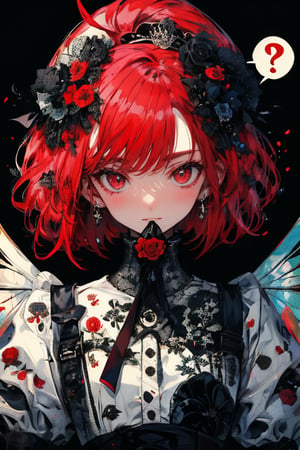 //quality, masterpiece:1.4, detailed:1.4, best quality:1.4,//,1girl,solo,//,(red hair),short hair,ahoge,sidelocks,red eyes,//,hair_flowers,(bee_wings),black gothic_lolita,//,blush,expressionless,:o,mouth_open,looking_at_viewer,//,(spoken_question_mark),?,??,question_mark,question_mark_\(symbols),//,red background,simple_background,upper_body,close up portrait,stickers,outline ,Deformed,sticker,chibi, chibi style,