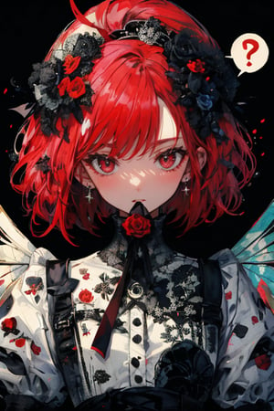 //quality, masterpiece:1.4, detailed:1.4, best quality:1.4,//,1girl,solo,//,(red hair),short hair,ahoge,sidelocks,red eyes,//,hair_flowers,(bee_wings),black gothic_lolita,//,blush,expressionless,:o,mouth_open,looking_at_viewer,//,(spoken_question_mark),?,??,question_mark,question_mark_\(symbols),//,red background,simple_background,upper_body,close up portrait,stickers,outline ,Deformed,sticker,chibi, chibi style,