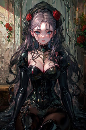 Imagine this. Upscaled. (Masterpiece, best quality, high resolution, highly detailed), score_9,score_8_up,score_7_up, 1girl, solo, long black gloves, glasses, (((white hair))), catholic, emo, tears, elbow gloves, embarrassed, long gloves, hearts, long hair, solo, 2.5D, clean artwork, detailed illustration, colorful, 1girl, 22 years old, long hair, straight hair, cute, round trim glasses, nose blush, slim eyes, pretty, seductive, attractive, alluring, mouth closed, beautiful nerdy, flirty, feminine, soft make up, vibrant, adorable, eyelashes, slender, high quality, masterpiece, solo focus, realistic, round chin, narrow face, big lips, (masterpiece, best quality, ultra-detailed), (perfect hands, perfect anatomy), Highly detailed, High Quality, Masterpiece, beautiful, (((red roses))), High detailed, detailed eyes, huge body, enamel latex elbow gloves, latex clothes, latex thighhighboots,cleavage, latex elbow gloves, big_dominant, serious, stern, latex corset. High resolution, extremely detailed, atmospheric scene, masterpiece, best quality, 64k, high quality, (HDR), HQ , very detailed, beautiful and aesthetic, heavy makeup, earrings, (masterpiece, best quality, high resolution, ultra detail), ((skindentation)), bare shoulders, soft skin, perfectly explained gloved hands, perfectly explained arms, Indoors detailed background, perfect lighting. (Hands:1.1), better_hands, best quality, high resolution. Upscaled synthography. Far view shot, smiling, Sexy mistress watching to the camera. FETISH: smile, smirk, looking at the viewer, sexy pose, lascivious, flirty face, blushing, lust, choker, cross necklace, shiny clothes, long enamel gloves, long leather gloves, heavy duty rubber gloves, leather corset, leather body harness, latex bodysuit, lingerie garter belt, thigh high boots, platform heels, breastfeeding chest, gigantic breasts, huge breasts Detailed dungeon environment, rocks and stones, ornate walls. (Beautiful and aesthetic:1.3), extreme detailed, colorful, highest detailed,((ultra-detailed)), (highly detailed illustration), ((an extremely delicate and beautiful)),cinematic light, shining on ground, 