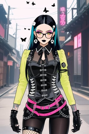 1girl, Catholicpunk aesthetic art, cute goth girl in a fusion of Japanese-inspired Gothic punk fashion, glasses, skulls, goth. black gloves, tight corset, black tie, harness, punk, rave, incorporating traditional Japanese motifs and punk-inspired details,Emphasize the unique synthesis of styles, flowers, butterflies, score_9, score_8_up ,heavy makeup, earrings, Lolita Fashion Clothes, kawaii, hearts ,emo, kawaiitech, dollskill,c0l0urc0r3,goth gir