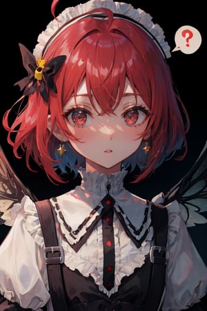 //quality, masterpiece:1.4, detailed:1.4, best quality:1.4,//,1girl,solo,//,(black hair),short hair,ahoge,sidelocks,red eyes,//,hair_flowers,(bee_wings),black gothic_lolita,//,blush,expressionless,:o,mouth_open,looking_at_viewer,//,(spoken_question_mark),?,??,question_mark,question_mark_\(symbols),//,red background,simple_background,upper_body,close up portrait,stickers,outline ,Deformed,sticker,chibi, chibi style,