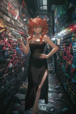 In a dimly lit alleyway, a young woman leans against a graffiti-covered brick wall, her expression one of defiant confidence. Her appearance is a striking contrast to her gritty surroundings – she wears an elegant, form-fitting black dress that hugs her curves, with a daring slit that runs up the side, revealing glimpses of her toned legs.

Her hair is a vibrant shade of crimson, styled in wild, tousled waves that frame her face and cascade over her shoulders. Her eyes are a piercing shade of icy blue, lined with bold, smoky makeup that accentuates their intensity. Her full lips are painted a deep shade of ruby red, curled into a slight smirk that hints at a rebellious spirit.  

Despite her glamorous attire, the young woman exudes an aura of strength and resilience. Her stance is confident, one hand resting on her cocked hip, while the other holds a glowing, high-tech weapon – a sleek, futuristic pistol that seems out of place in the gritty urban setting.

The alleyway itself is a study in contrasts, with crumbling brick walls adorned with vibrant graffiti art, and pools of neon-tinged light spilling from the nearby street. Discarded trash and debris litter the ground, adding to the gritty ambiance.

{Crimson wild hair}, {Icy blue eyes}, {Bold smoky makeup}, {Elegant black dress with daring slit}, {Toned legs}, {Futuristic glowing weapon}, {Graffiti-covered alleyway}, {Neon lighting}, {Confident defiant stance}, {Gritty urban setting}, high_quality, cinematic_lighting, extremely_detailed, photorealistic