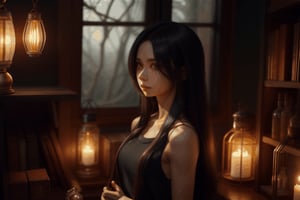 1 woman, long hair, dark colored sleeveless outfit, shoulders exposed, indoors, dim lighting, bookshelf, bottles and jars, lit lanterns, warm atmosphere, background: bookshelf, bottles, lanterns, indoor: dim, woman: long hair, sleeveless, shoulders exposed, lanterns: lit, atmosphere: warm,Anime,masterpiece,anime, fantasy,best quality