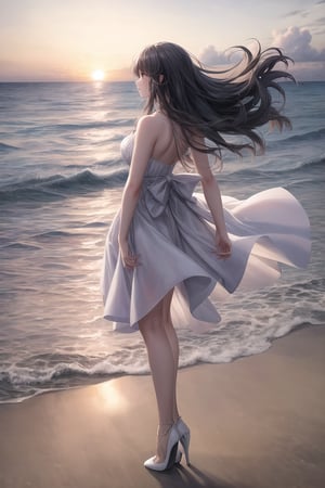 A young girl in a white dress standing on the beach, with a sunset in the background. She is looking away, her hair is blowing in the wind, and her face is tinged with sadness. She is wearing white high heels, revealing her long, slender legs, sunset sky, waves, beach grass, sea, full body shot, side view, portrait