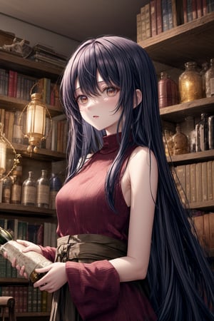 1 woman, long hair, dark colored sleeveless outfit, shoulders exposed, indoors, dim lighting, bookshelf, bottles and jars, lit lanterns, warm atmosphere, background: bookshelf, bottles, lanterns, indoor: dim, woman: long hair, sleeveless, shoulders exposed, lanterns: lit, atmosphere: warm,Anime,masterpiece, fantasy,best quality,anime,girl,incredibly absurdres