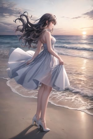 A young girl in a white dress standing on the beach, with a sunset in the background. She is looking away, her hair is blowing in the wind, and her face is tinged with sadness. She is wearing white high heels, revealing her long, slender legs, sunset sky, waves, beach grass, sea, full body shot, side view, portrait