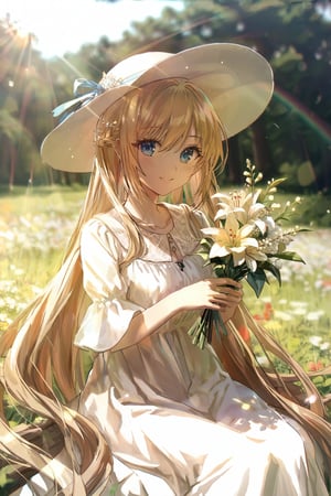 (Artistic_Style:1.5), (1_girl:1.0), (long_blonde_hair:1.3), (blue_eyes:1.1), (petite_frame:1.2), 
(flowy_white_dress:1.3), (embroidery:1.1), (sun_hat:1.0), (sitting_in_a_field:1.4), 
(holding_a_flower:1.3), (looking_at_camera:1.2), (spring_time:1.0), (bright_sunlight:1.5), 
(flowers_in_background:0.9), (gentle_smile:1.0), 
(soft_blur_effect:0.8), (4k_resolution:0.7), (pastel_colors:0.9)